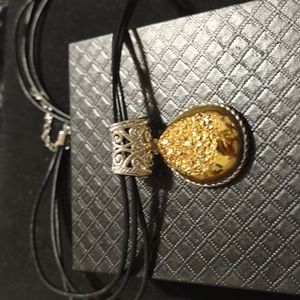 SALE WAS $29 NOW $18 GOLD DRUZY QUARTZ & SILVER 925 PENDENT ON LEATHER CORD